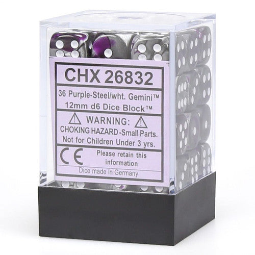 Chessex: Gemini Purple-Steel/White 12mm D6 Dice Block (#26832)