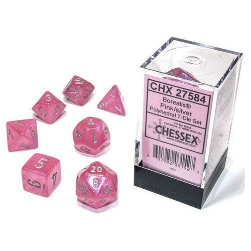 Chessex: Borealis Luminary Pink/Silver Polyhedral 7-Set (#27584)