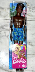 Barbie: Ken Beach Doll With Black Hair Dressed In Blue Tropical Swim Trunks