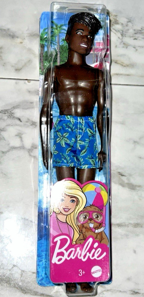 Barbie: Ken Beach Doll With Black Hair Dressed In Blue Tropical Swim Trunks